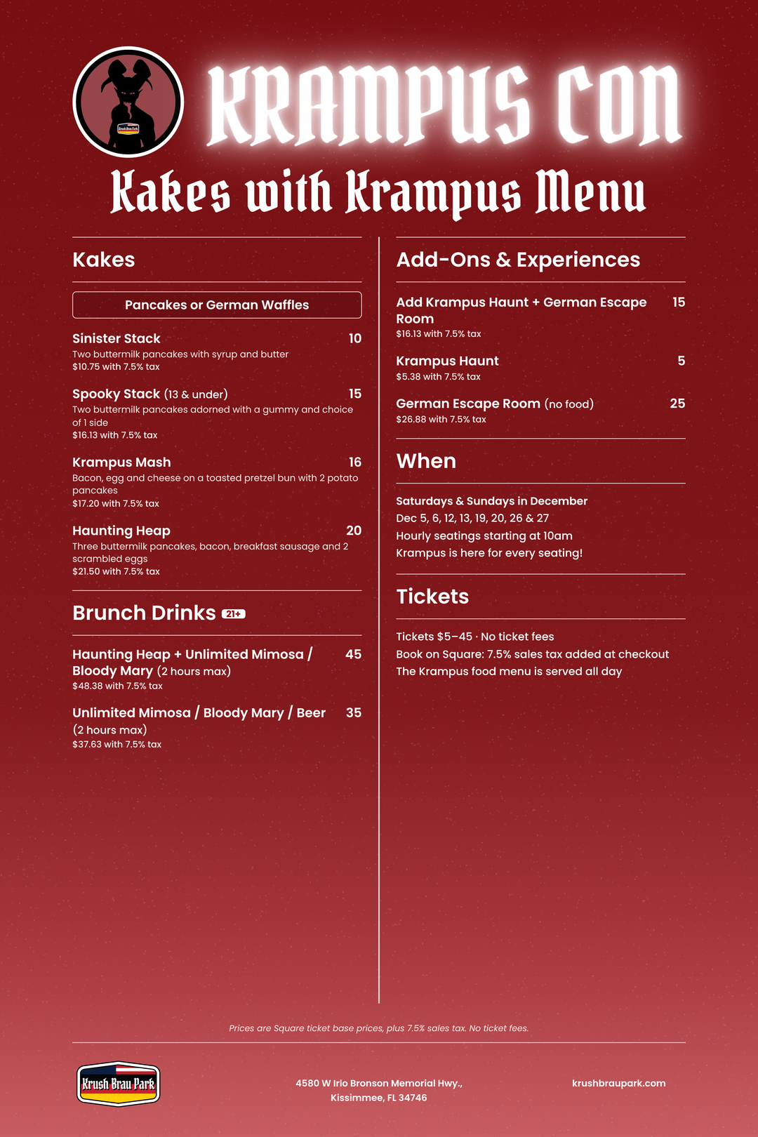 Kakes with Krampus Menu, Krampus Con 2026 at Krush Brau Park