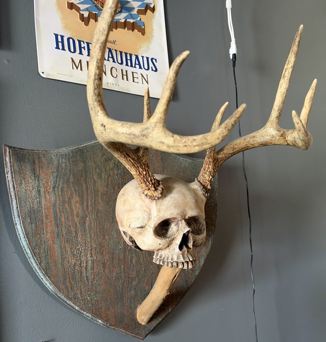 Wall sculpture of a pale carved human skull with a full set of deer antlers growing from its head, mounted on a weathered wooden shield-shaped plaque