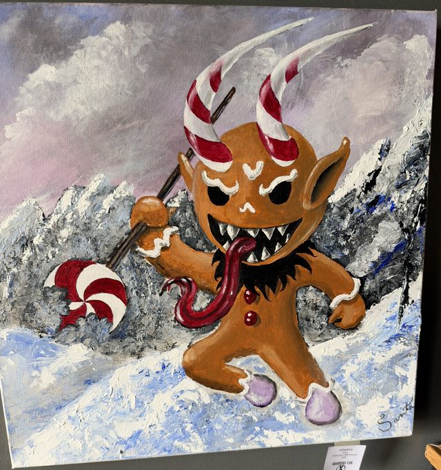 Painting on canvas of an evil gingerbread Krampus with candy-cane horns, sharp teeth and a long red tongue, carrying a giant peppermint on a stick through snowy mountains