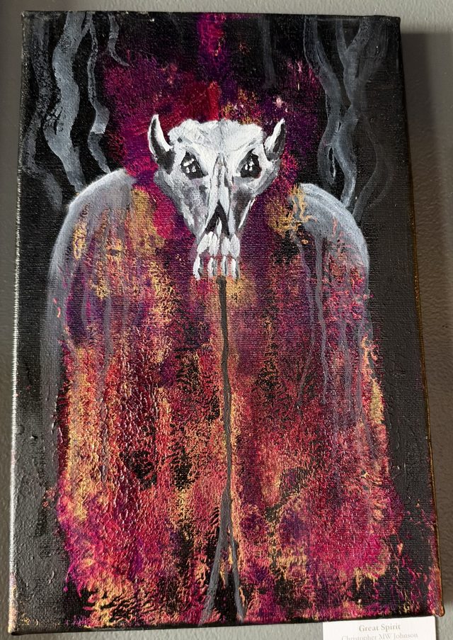 Painting on canvas of a white horned animal skull over a dripping cloak of magenta, red and gold, with grey smoke curling up on either side of a black background