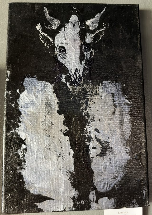 Black and silver painting on canvas of a pale, skull-faced horned creature with dark eyes rising above two shaggy white tufts of fur, on a black background