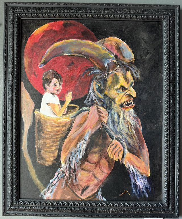 Painting of a horned, bearded Krampus with a coarse rope over his shoulder, carrying a frightened child in a wicker basket on his back in front of a huge red moon, in an ornate black frame