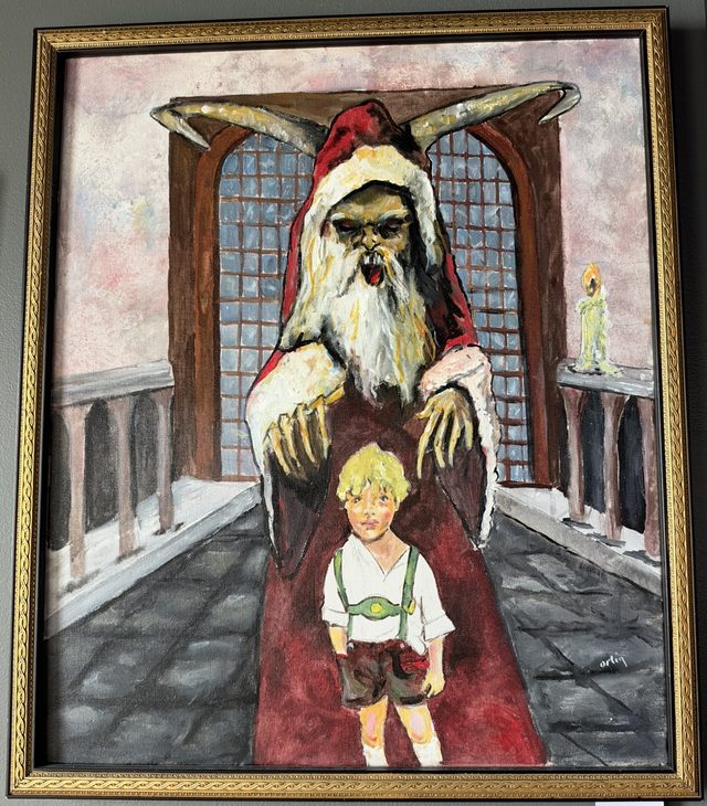 Painting of Krampus with long horns and a white beard, dressed in a red Santa robe, his clawed hands hovering over a blond boy in lederhosen standing in a cathedral-like hall, in a gold frame