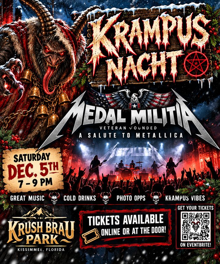 Krampus Nacht poster: Medal Militia, a veteran-founded salute to Metallica, Saturday December 5, 7 to 9 PM at Krush Brau Park