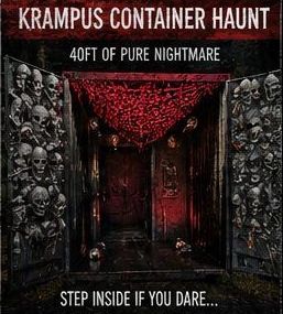 Inside the 40-foot Krampus Container Haunt with skull-covered walls and red light