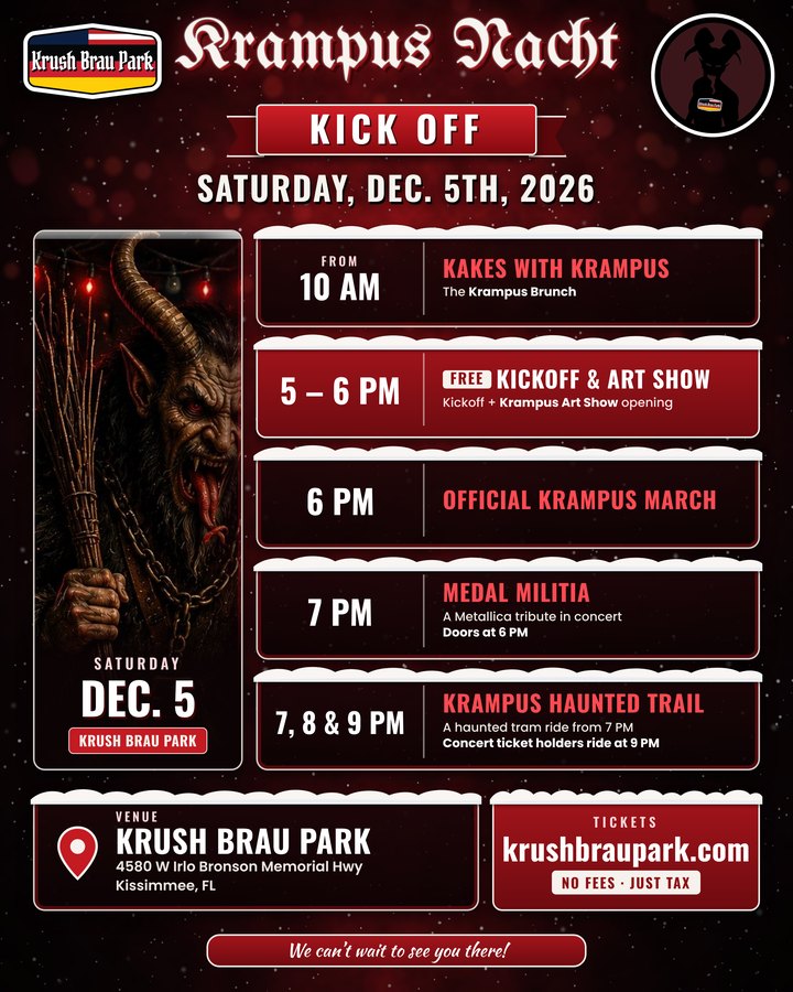 Krampus Nacht kickoff flyer, Saturday Dec. 5, 2026: Kakes with Krampus from 10am, free Kickoff and Art Show 5 to 6 PM, Official Krampus March 6 PM, Medal Militia concert 7 PM, Krampus Haunted Trail 7, 8 and 9 PM (concert ticket holders ride at 9 PM).