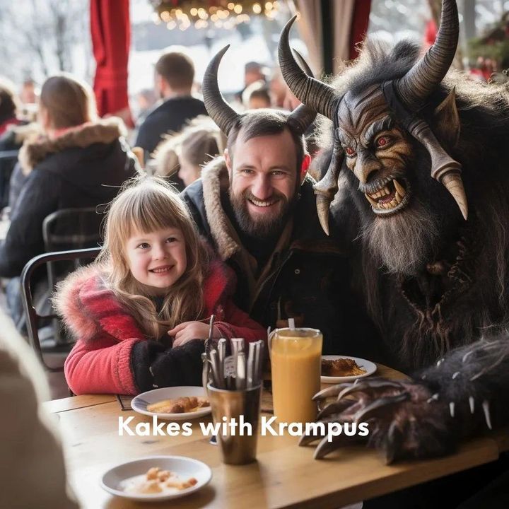A family eating pancakes with costumed Krampus characters at Krush Brau Park