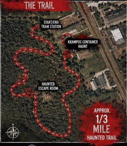 Map of the Krampus Haunted Trail loop behind Krush Brau Park, with the tram station, container haunt and escape room