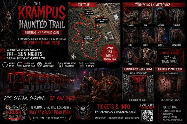 The Krampus Haunted Trail poster: 40-person haunted tram, animatronic animals, container haunt and escape room on a 1/3-mile trail