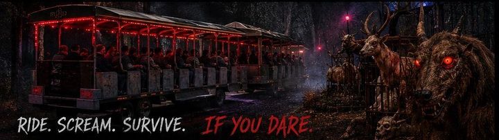 The 40-person haunted tram lit in red on the Krampus Haunted Trail